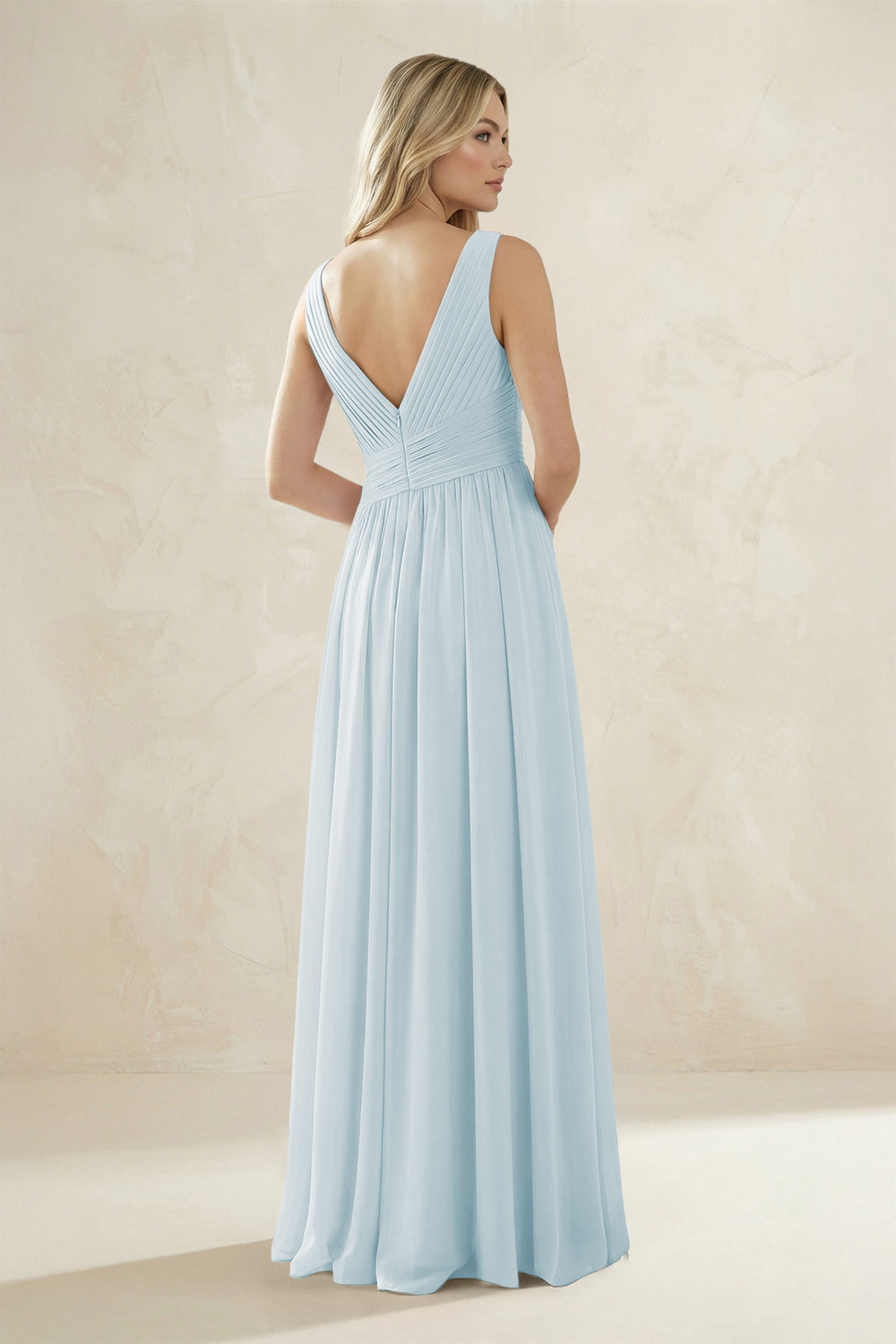 V-Neck Pleated A-Line Bridesmaid Dress in Sky Blue