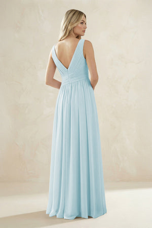 V - Neck Pleated A - Line Bridesmaid Dress in Sky Blue - SHE IS ME Bridesmaid Dresses