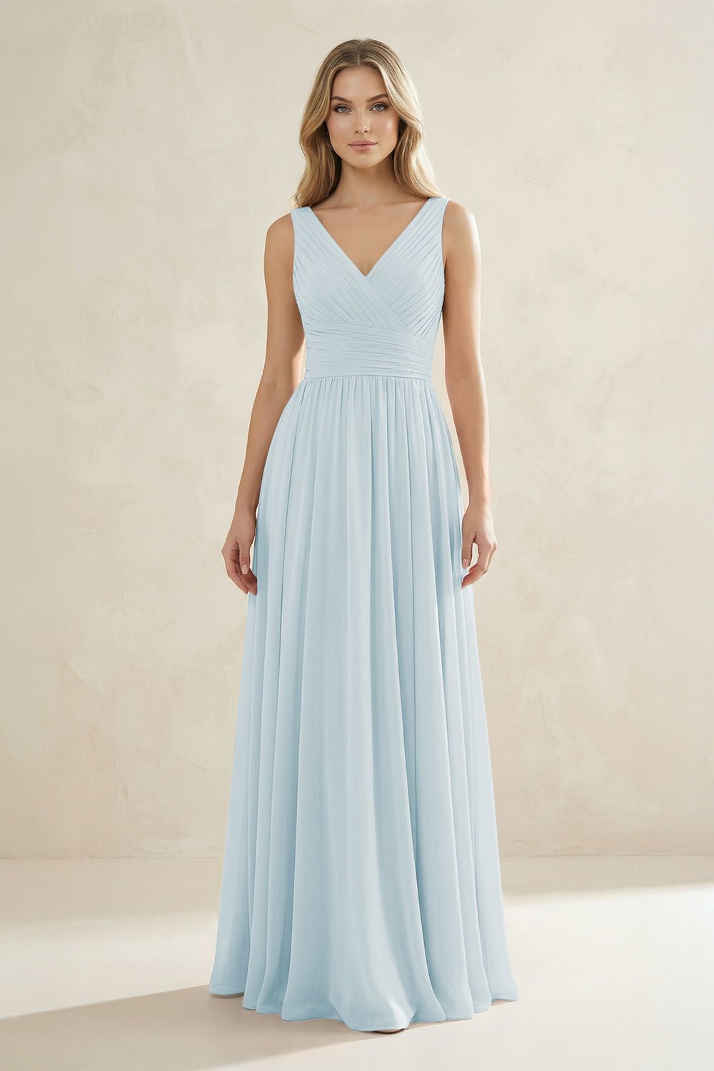 V-Neck Pleated A-Line Bridesmaid Dress in Sky Blue