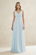 V-Neck Pleated A-Line Bridesmaid Dress in Sky Blue | KISSBRIDAL