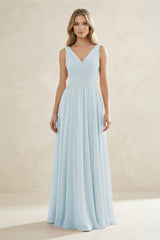 V-Neck Pleated A-Line Bridesmaid Dress in Sky Blue | KISSBRIDAL