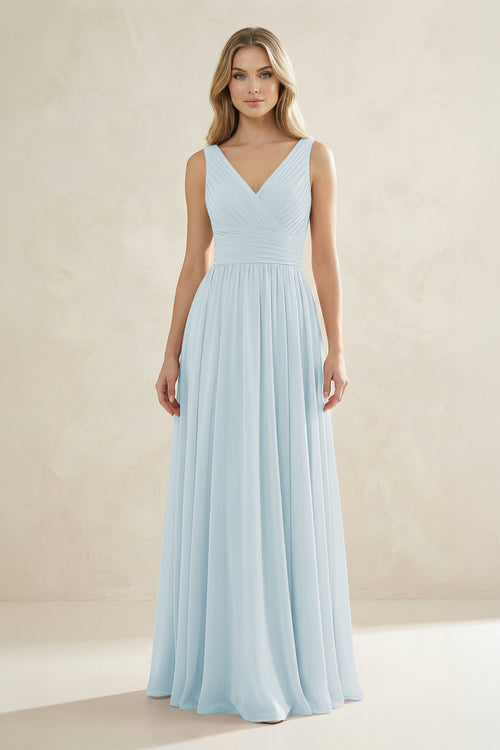 V-Neck Pleated A-Line Bridesmaid Dress in Sky Blue | KISSBRIDAL