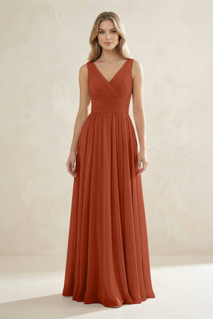 V - Neck Pleated A - Line Bridesmaid Dress in Spice - SHE IS ME Bridesmaid Dresses