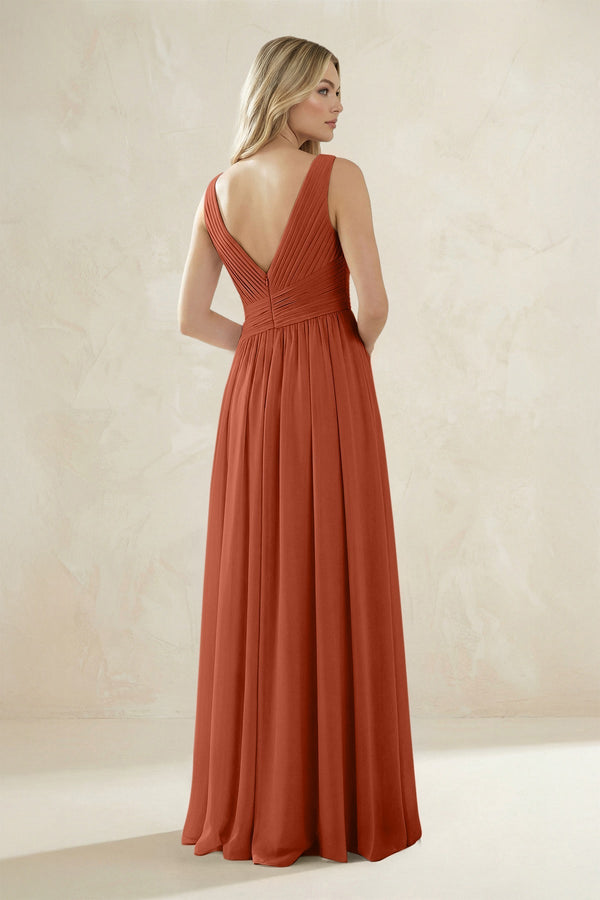V - Neck Pleated A - Line Bridesmaid Dress in Spice - SHE IS ME Bridesmaid Dresses