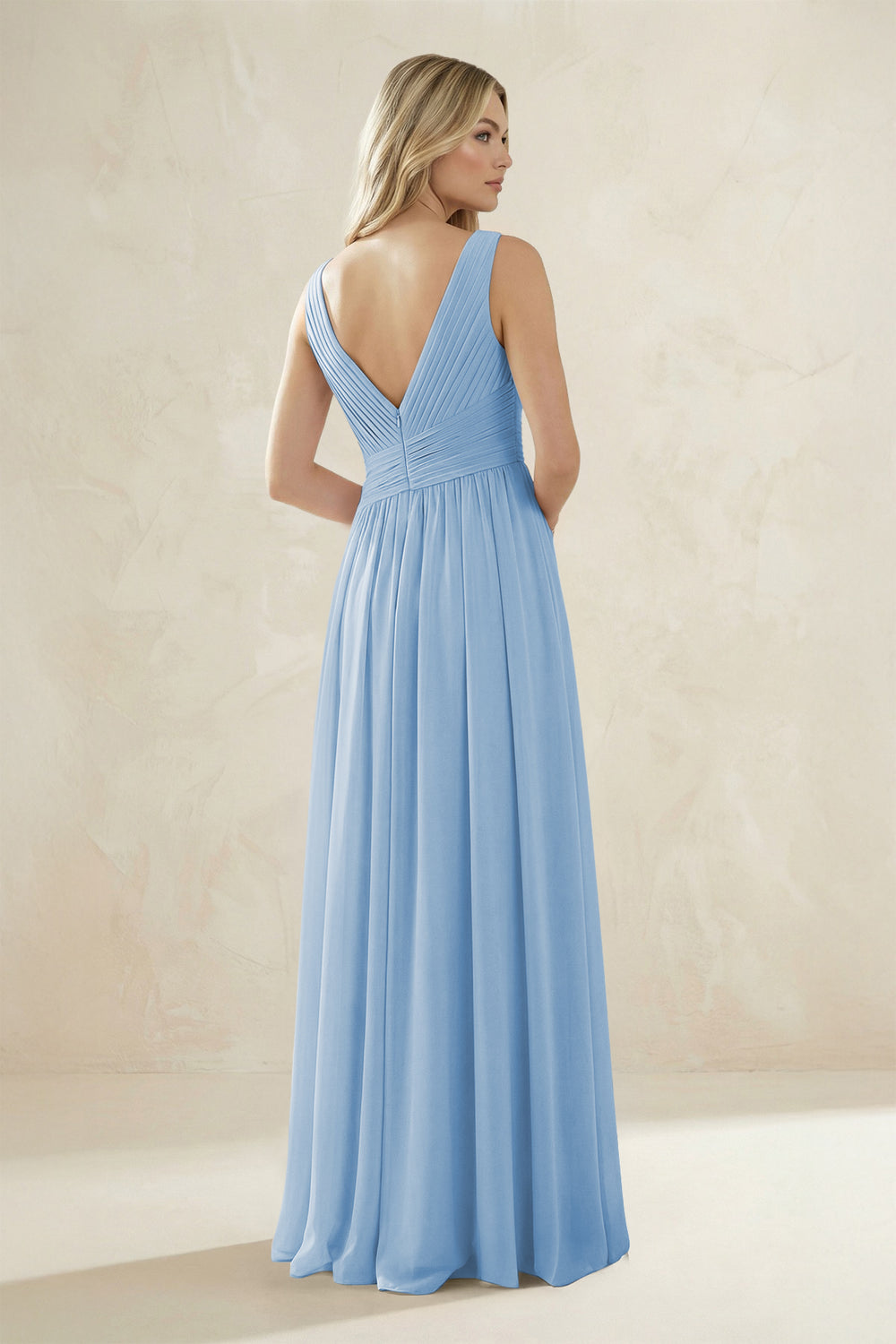 V-Neck Pleated A-Line Bridesmaid Dress in Steel Blue
