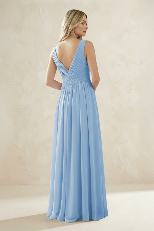 V-Neck Pleated A-Line Bridesmaid Dress in Steel Blue (2) | KISSBRIDAL