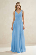 V - Neck Pleated A - Line Bridesmaid Dress in Steel Blue - SHE IS ME Bridesmaid Dresses