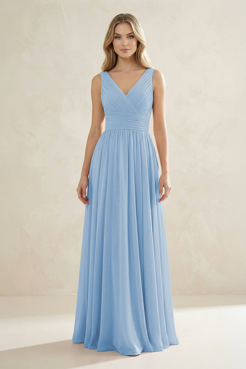 V-Neck Pleated A-Line Bridesmaid Dress in Steel Blue | KISSBRIDAL
