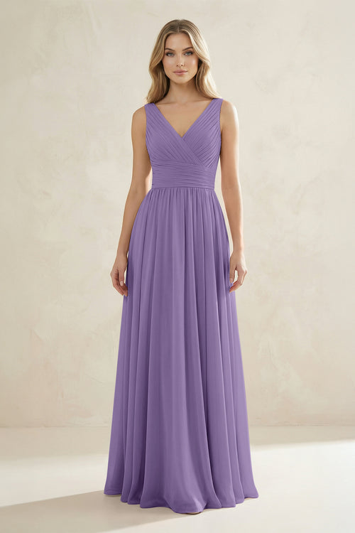 V-Neck Pleated A-Line Bridesmaid Dress in Tahiti | KISSBRIDAL