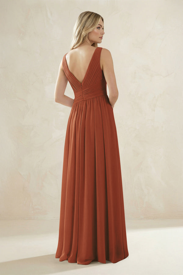 V-Neck Pleated A-Line Bridesmaid Dress in Terracotta (2) | KISSBRIDAL
