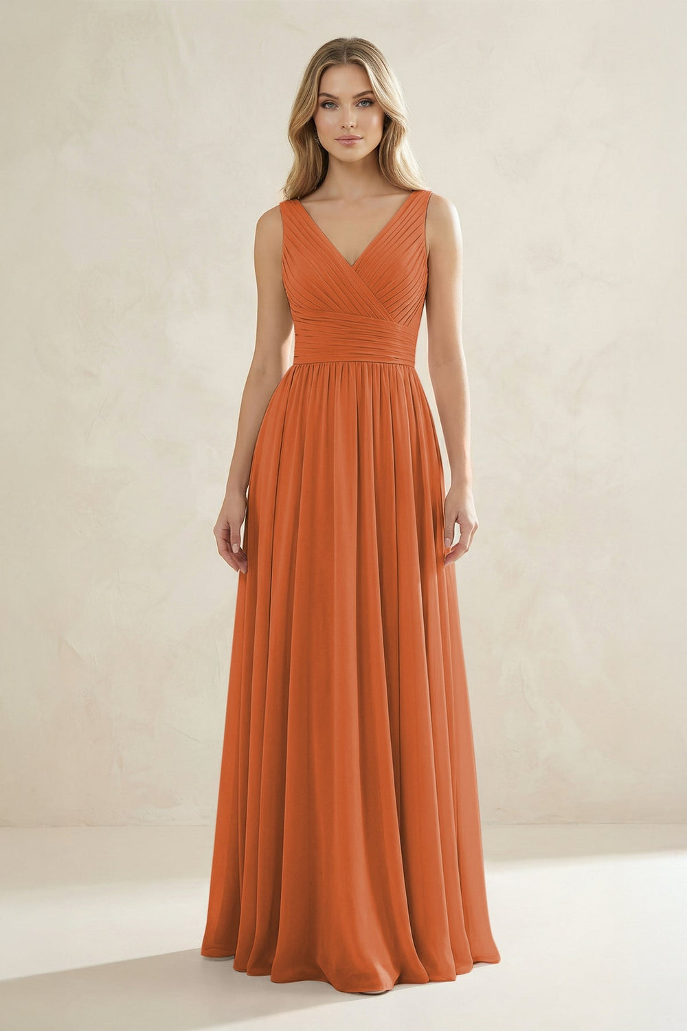 V - Neck Pleated A - Line Bridesmaid Dress in Terracotta - KISS BRIDAL Bridesmaid Dresses