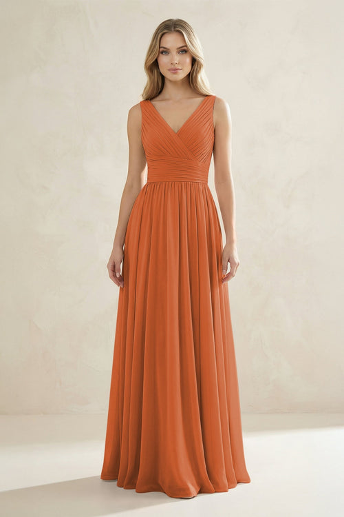 V - Neck Pleated A - Line Bridesmaid Dress in Terracotta - SHE IS ME Bridesmaid Dresses