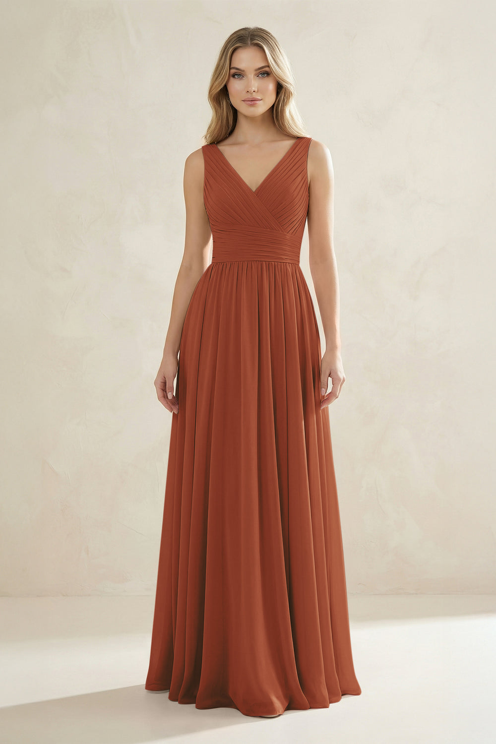 V-Neck Pleated A-Line Bridesmaid Dress in Terracotta