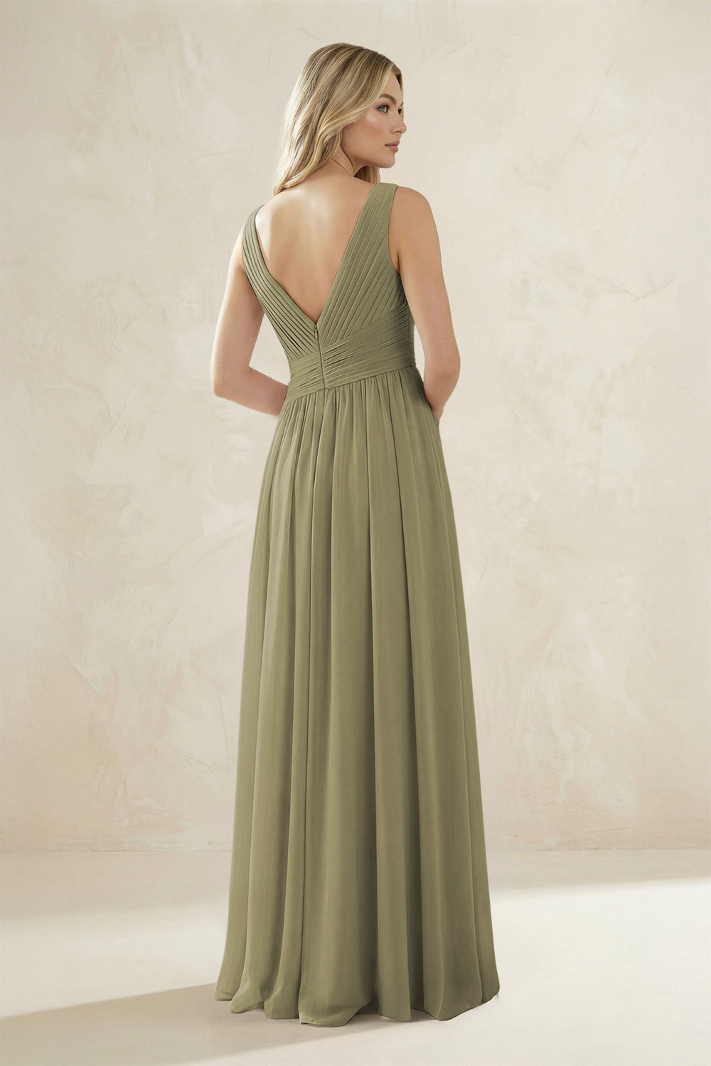 V-Neck Pleated A-Line Bridesmaid Dress in Thyme