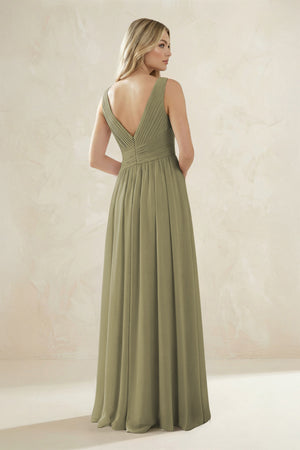V-Neck Pleated A-Line Bridesmaid Dress in Thyme (2) | KISSBRIDAL