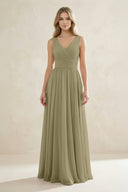 V - Neck Pleated A - Line Bridesmaid Dress in Thyme - SHE IS ME Bridesmaid Dresses