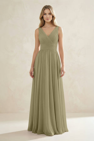V - Neck Pleated A - Line Bridesmaid Dress in Thyme - SHE IS ME Bridesmaid Dresses