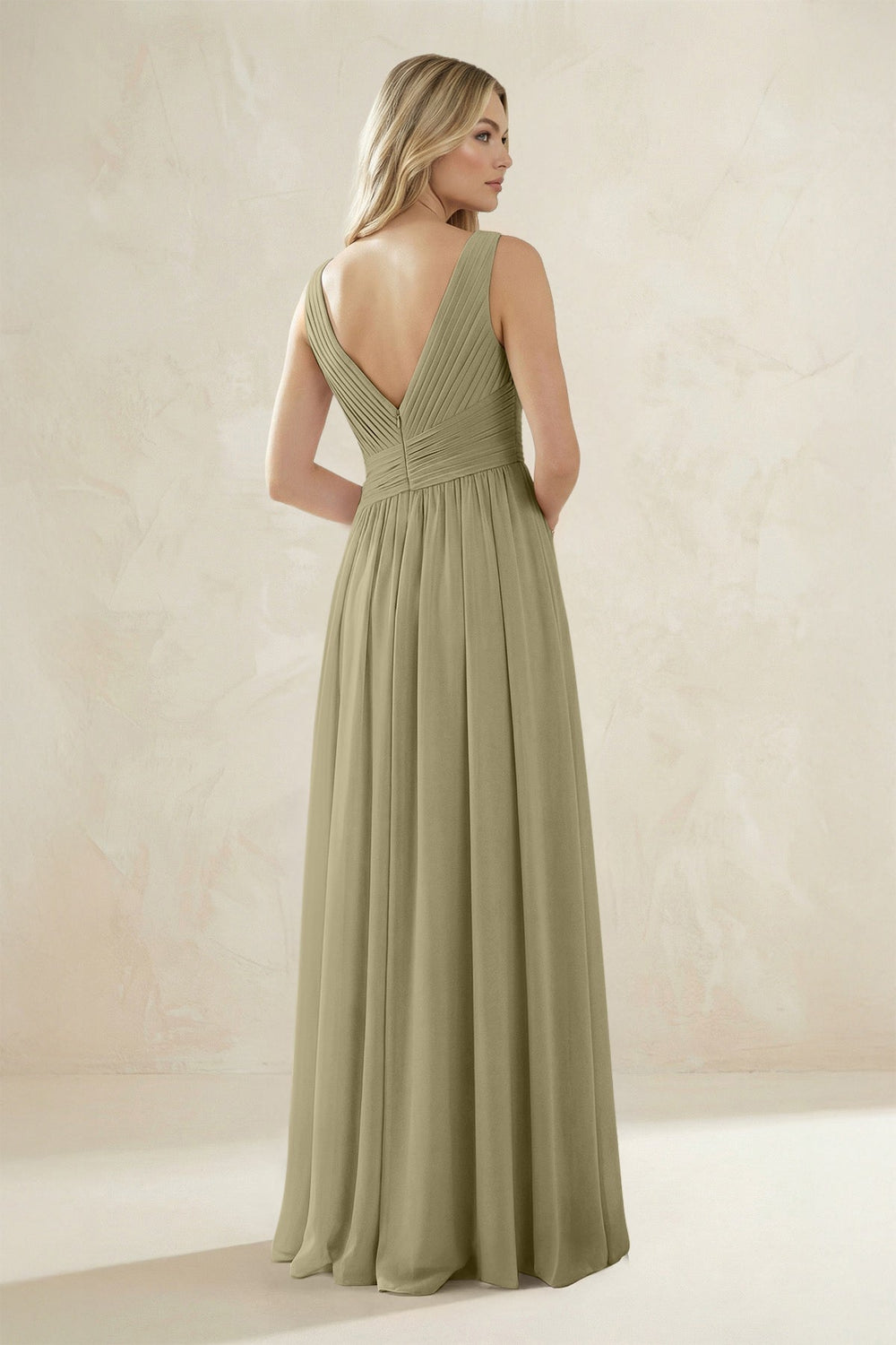 V - Neck Pleated A - Line Bridesmaid Dress in Thyme - KISS BRIDAL Bridesmaid Dresses