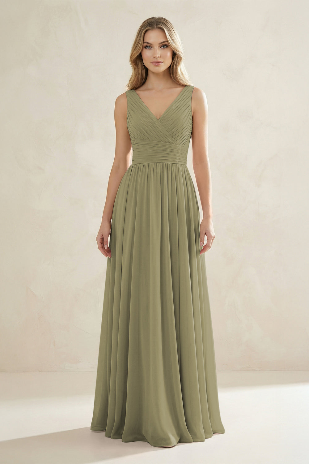 V-Neck Pleated A-Line Bridesmaid Dress in Thyme