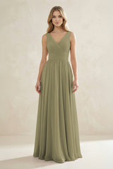 V-Neck Pleated A-Line Bridesmaid Dress in Thyme | KISSBRIDAL