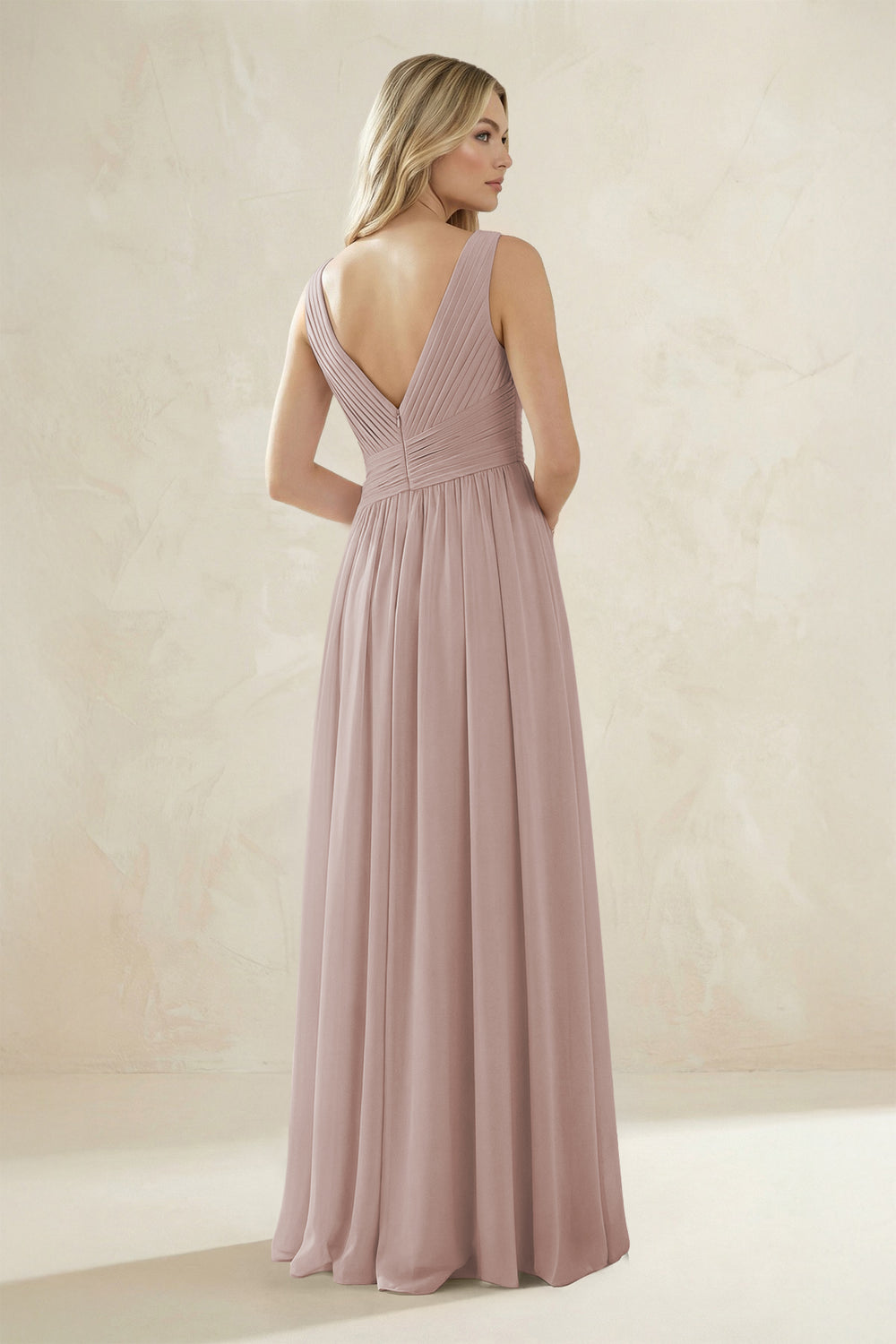 V-Neck Pleated A-Line Bridesmaid Dress in Toffee