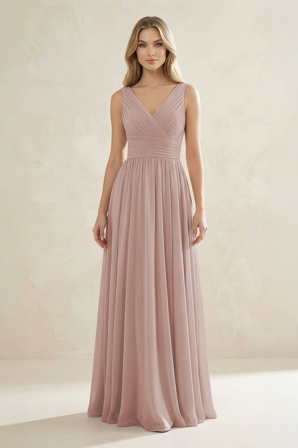 V - Neck Pleated A - Line Bridesmaid Dress in Toffee - KISS BRIDAL Bridesmaid Dresses