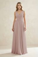 V-Neck Pleated A-Line Bridesmaid Dress in Toffee | KISSBRIDAL