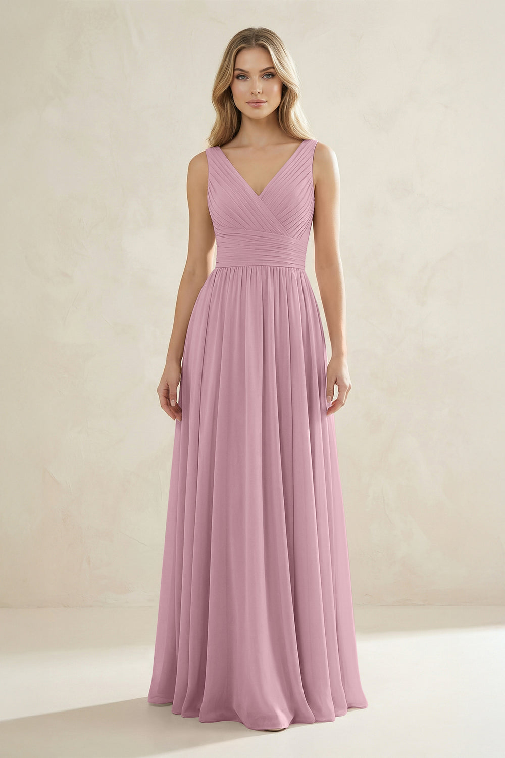 V-Neck Pleated A-Line Bridesmaid Dress in Vintage Mauve