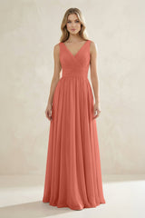 V - Neck Pleated A - Line Bridesmaid Dress in Wild Rose - KISS BRIDAL Bridesmaid Dresses