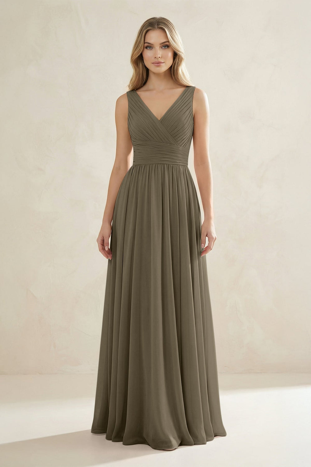V - Neck Pleated A - Line Bridesmaid Dress in Willow Green - KISS BRIDAL Bridesmaid Dresses