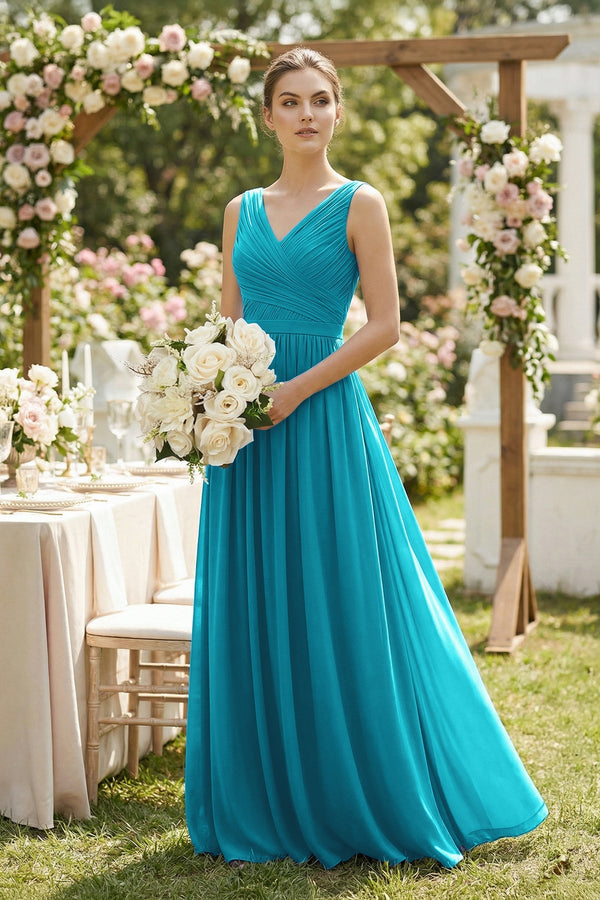 A-Line V-Neck Pleated Chiffon Bridesmaid Dress in Blue Jay - SHE IS ME BRIDESMAID DRESSES