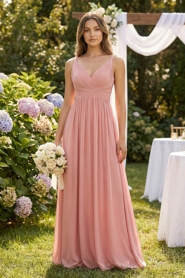 V-Neck Pleated A-Line Chiffon Bridesmaid Dress in Mulberry - SHE IS ME BRIDESMAID DRESSES