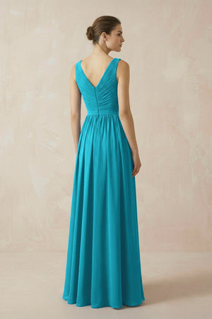 A-Line V-Neck Pleated Chiffon Bridesmaid Dress in Blue Jay - SHE IS ME BRIDESMAID DRESSES