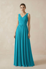 A-Line V-Neck Pleated Chiffon Bridesmaid Dress in Blue Jay - KISS BRIDAL BRIDESMAID DRESSES