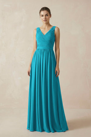 A-Line V-Neck Pleated Chiffon Bridesmaid Dress in Blue Jay - SHE IS ME BRIDESMAID DRESSES