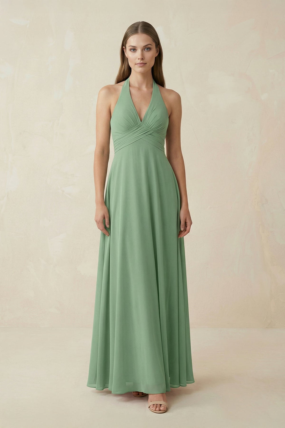 V-Neck Pleated A-Line Chiffon Bridesmaid Dress in Sea Glass - SHE IS ME BRIDESMAID DRESSES