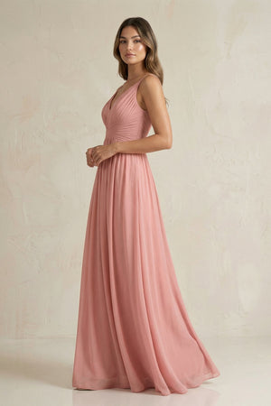 V-Neck Pleated A-Line Chiffon Bridesmaid Dress in Mulberry - SHE IS ME BRIDESMAID DRESSES