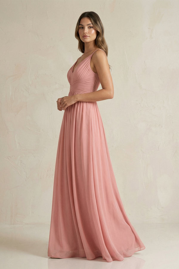 V-Neck Pleated A-Line Chiffon Bridesmaid Dress in Mulberry - SHE IS ME BRIDESMAID DRESSES