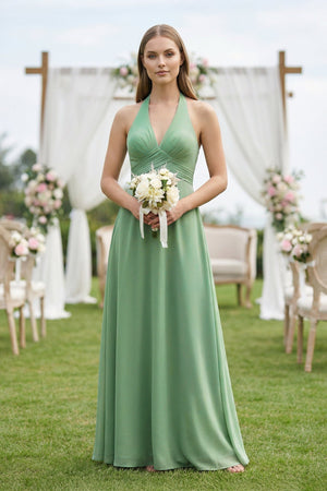 V-Neck Pleated A-Line Chiffon Bridesmaid Dress in Sea Glass - SHE IS ME BRIDESMAID DRESSES
