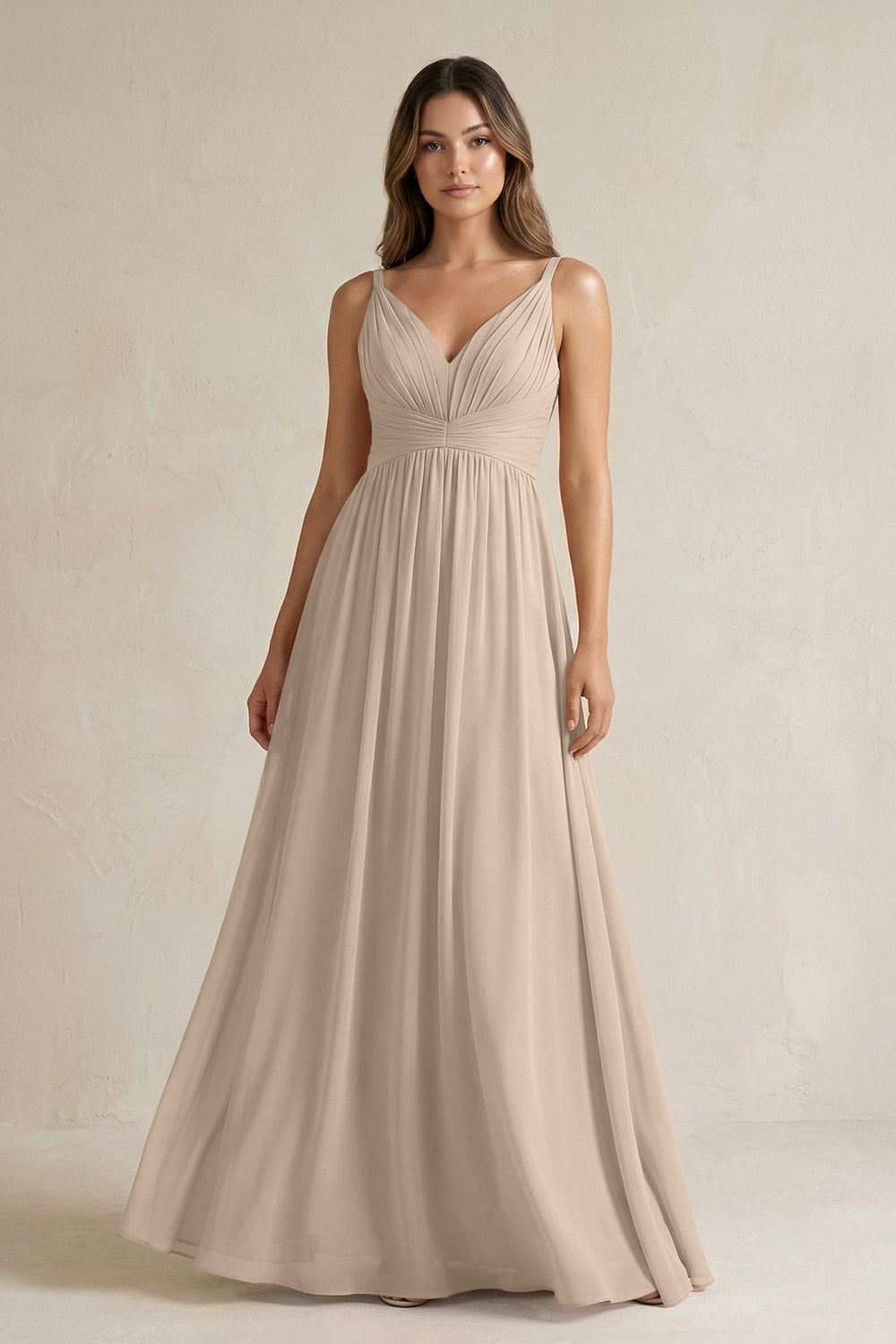 V - Neck Pleated A - Line Chiffon Bridesmaid Dress in Almond - KISS BRIDAL Bridesmaid Dresses