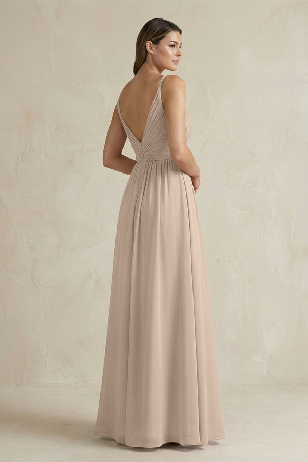 V - Neck Pleated A - Line Chiffon Bridesmaid Dress in Almond - SHE IS ME Bridesmaid Dresses