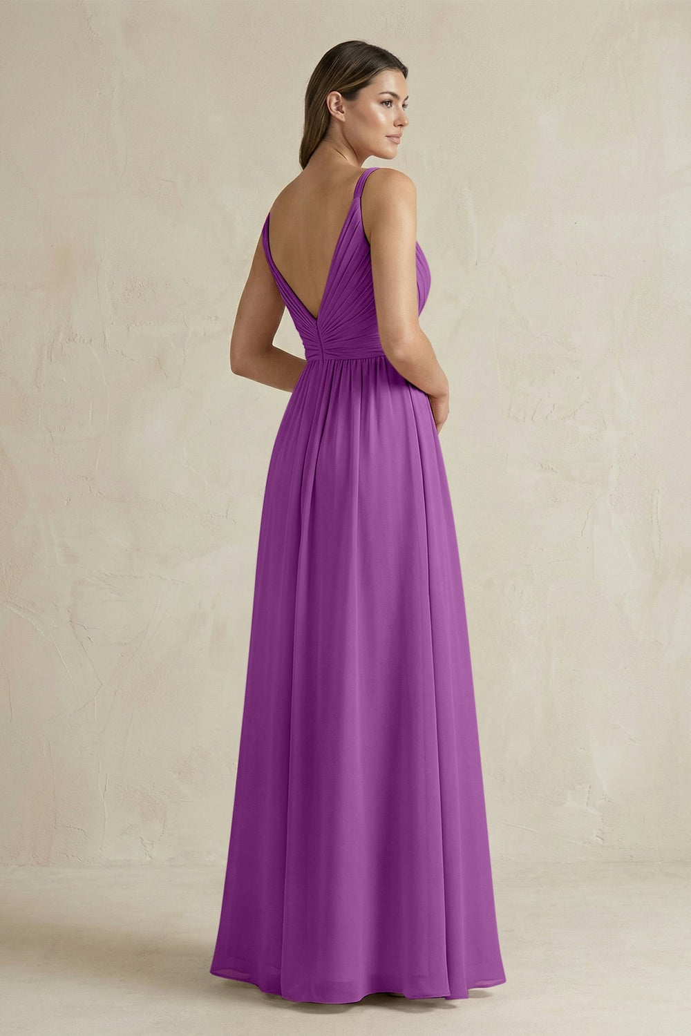 V - Neck Pleated A - Line Chiffon Bridesmaid Dress in Amethyst - KISS BRIDAL Bridesmaid Dresses