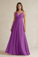 V - Neck Pleated A - Line Chiffon Bridesmaid Dress in Amethyst - KISS BRIDAL Bridesmaid Dresses