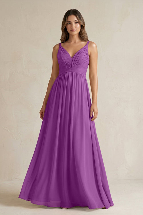 V - Neck Pleated A - Line Chiffon Bridesmaid Dress in Amethyst - SHE IS ME Bridesmaid Dresses