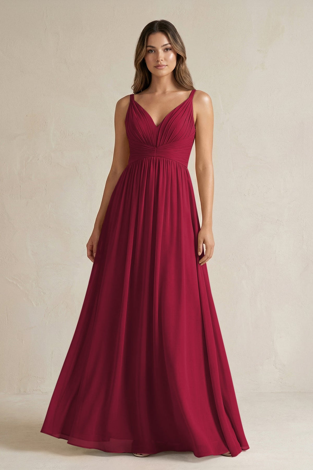 V - Neck Pleated A - Line Chiffon Bridesmaid Dress in Berry - KISS BRIDAL Bridesmaid Dresses