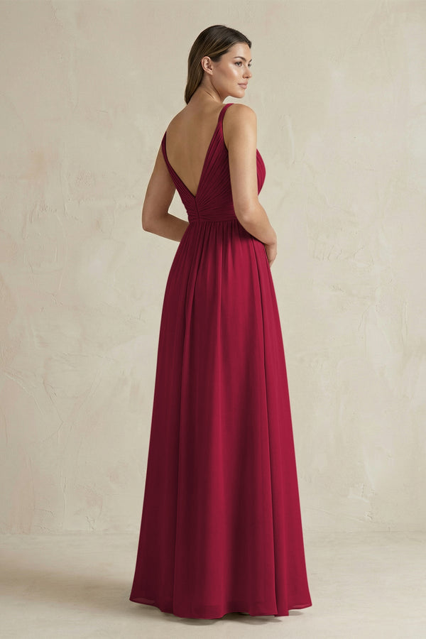 V - Neck Pleated A - Line Chiffon Bridesmaid Dress in Berry - SHE IS ME Bridesmaid Dresses