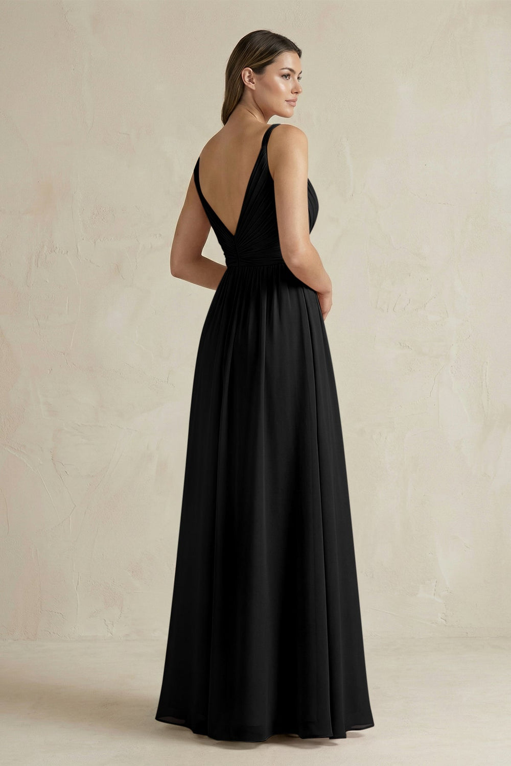 V - Neck Pleated A - Line Chiffon Bridesmaid Dress in Black - KISS BRIDAL Bridesmaid Dresses