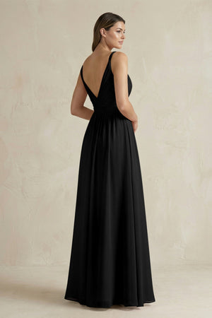 V - Neck Pleated A - Line Chiffon Bridesmaid Dress in Black - SHE IS ME Bridesmaid Dresses