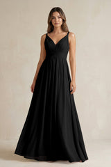 V - Neck Pleated A - Line Chiffon Bridesmaid Dress in Black - KISS BRIDAL Bridesmaid Dresses