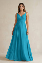 V - Neck Pleated A - Line Chiffon Bridesmaid Dress in Blue Jay - KISS BRIDAL Bridesmaid Dresses
